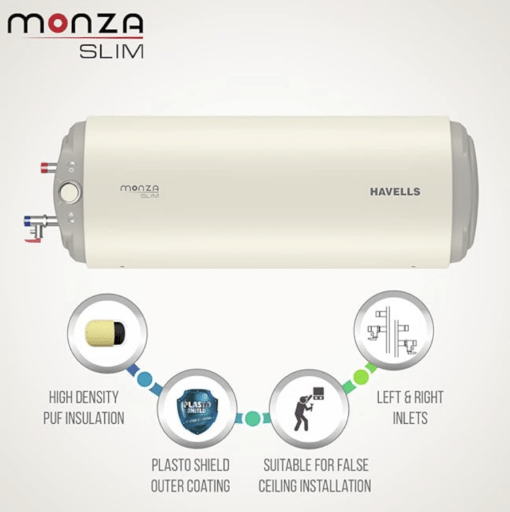 Havells Monza Slim25 L Horizontal Left Wall Water Heater,Metallic Body,2000 Watt,With Free Flexi Pipe And Free Installation,Warranty: 7Yr On Inn.Container;4Yr On Heating Element; 2Yr Compre.,(White) - Image 3